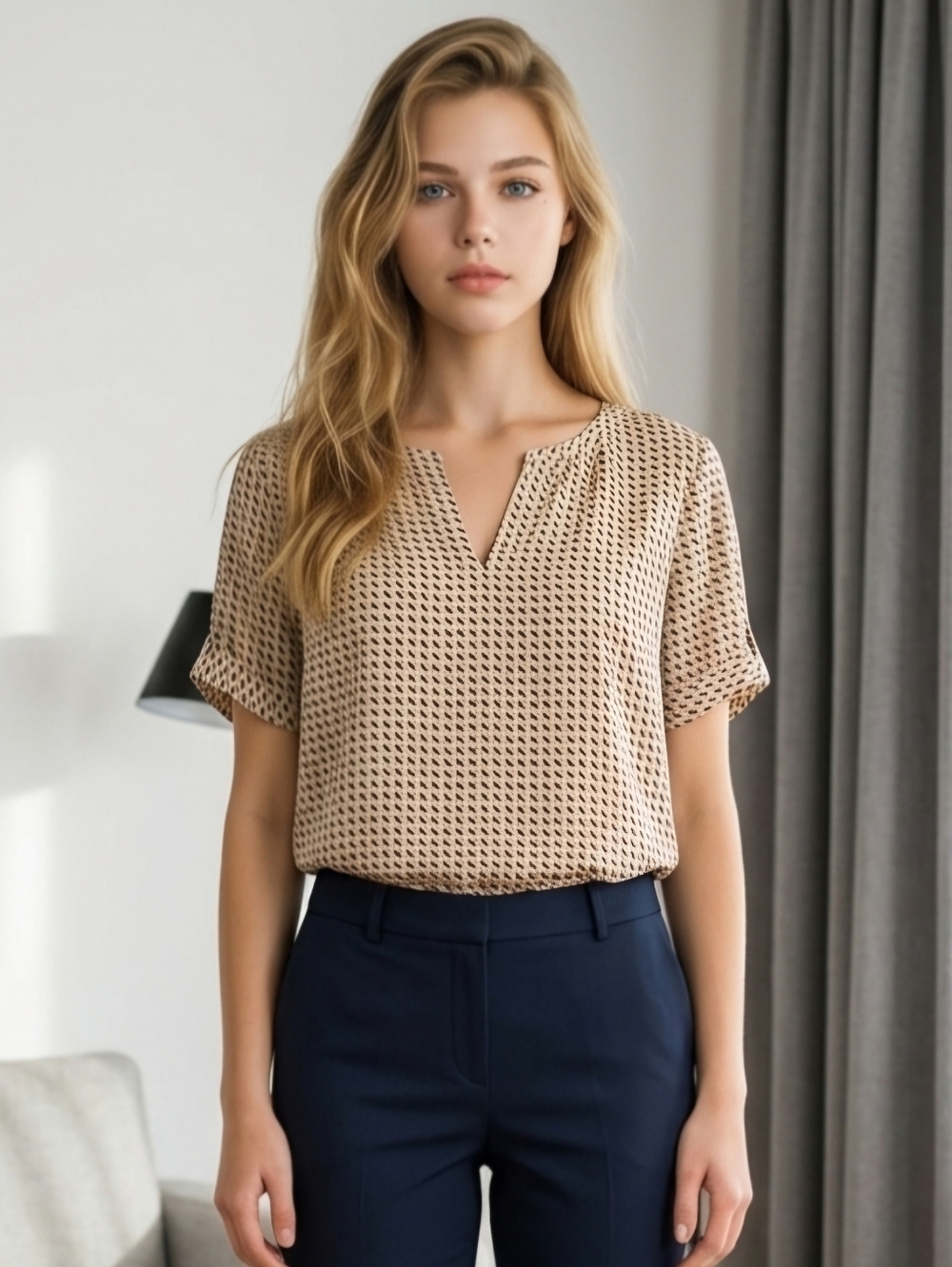 Maison d'Amelie Tan Cuffed Sleeve Blouse